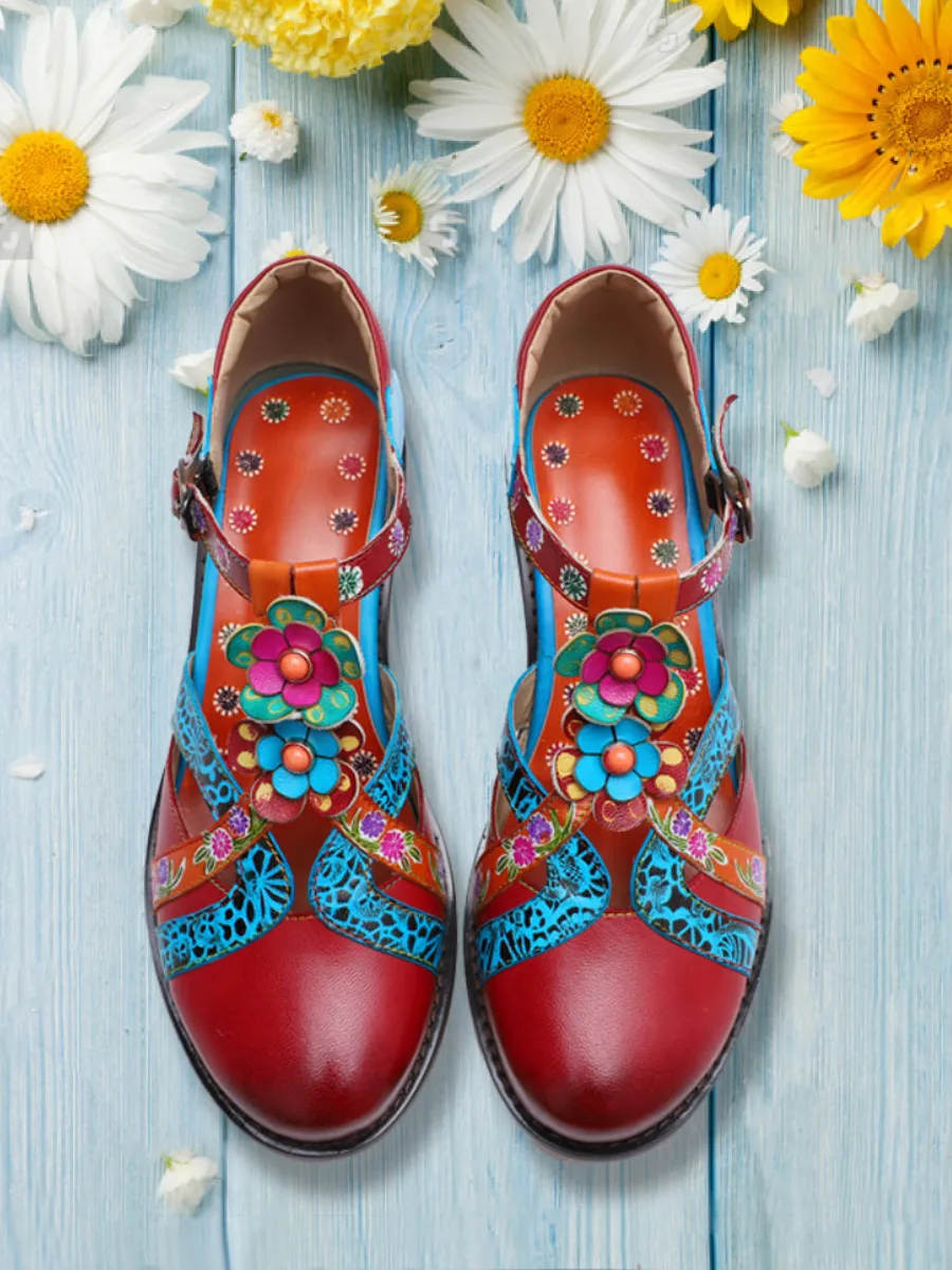 Genuine Leather Cut Out T-Strap Dora Sandals Oxford Shoes