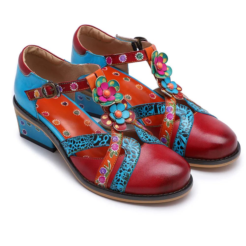 Genuine Leather Cut Out T-Strap Dora Sandals Oxford Shoes