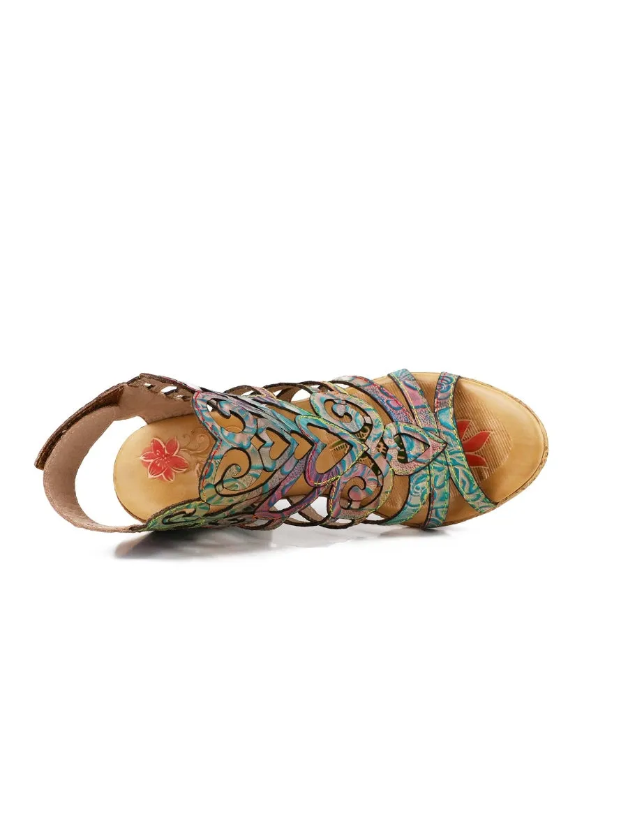 Genuine Leather Embossed Garden Print Cut Out Sandals