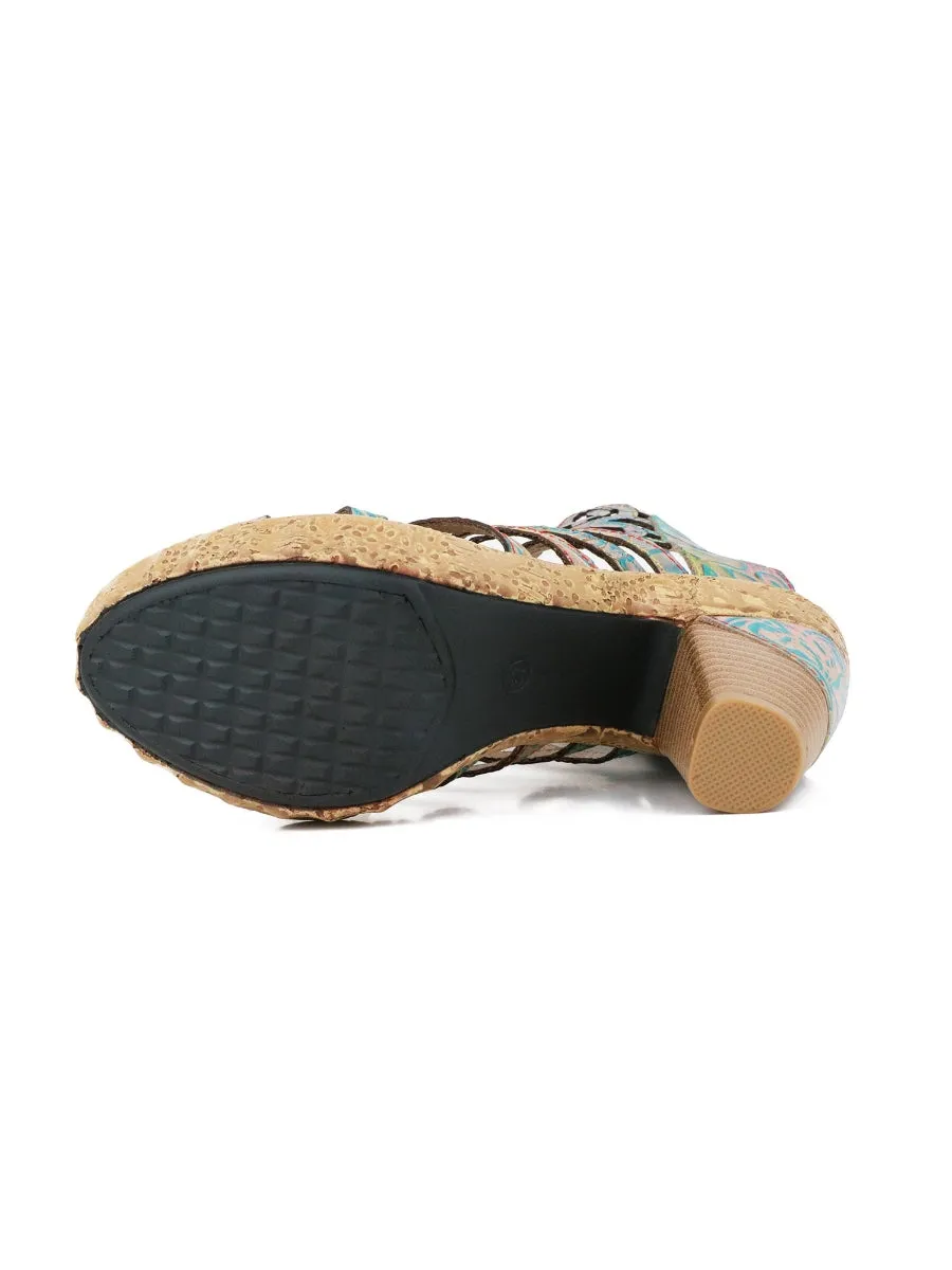 Genuine Leather Embossed Garden Print Cut Out Sandals