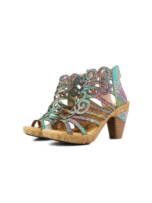 Genuine Leather Embossed Garden Print Cut Out Sandals