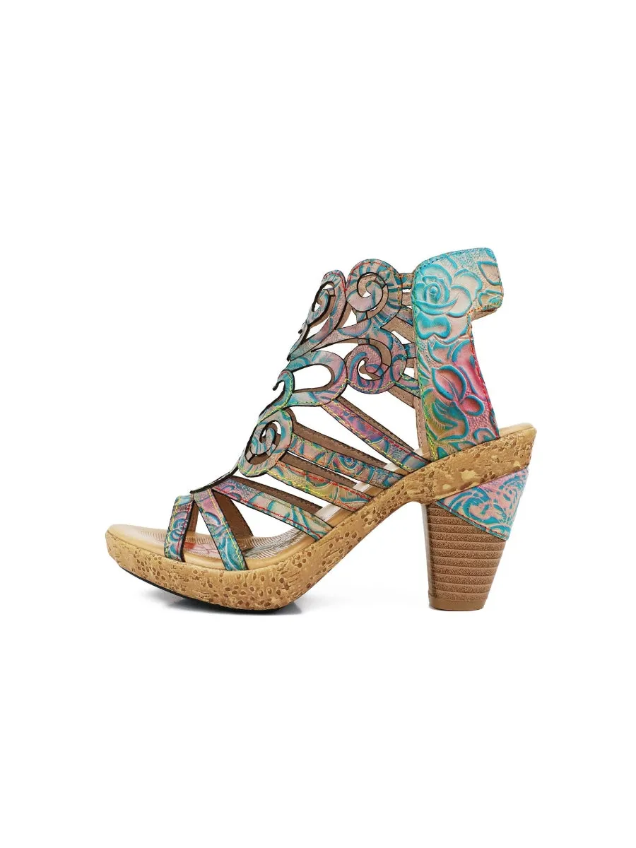 Genuine Leather Embossed Garden Print Cut Out Sandals