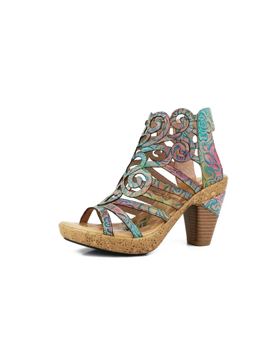 Genuine Leather Embossed Garden Print Cut Out Sandals