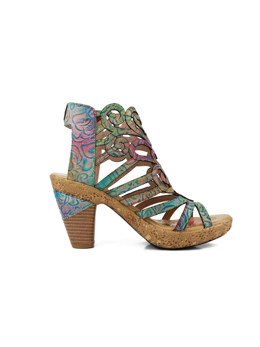 Genuine Leather Embossed Garden Print Cut Out Sandals