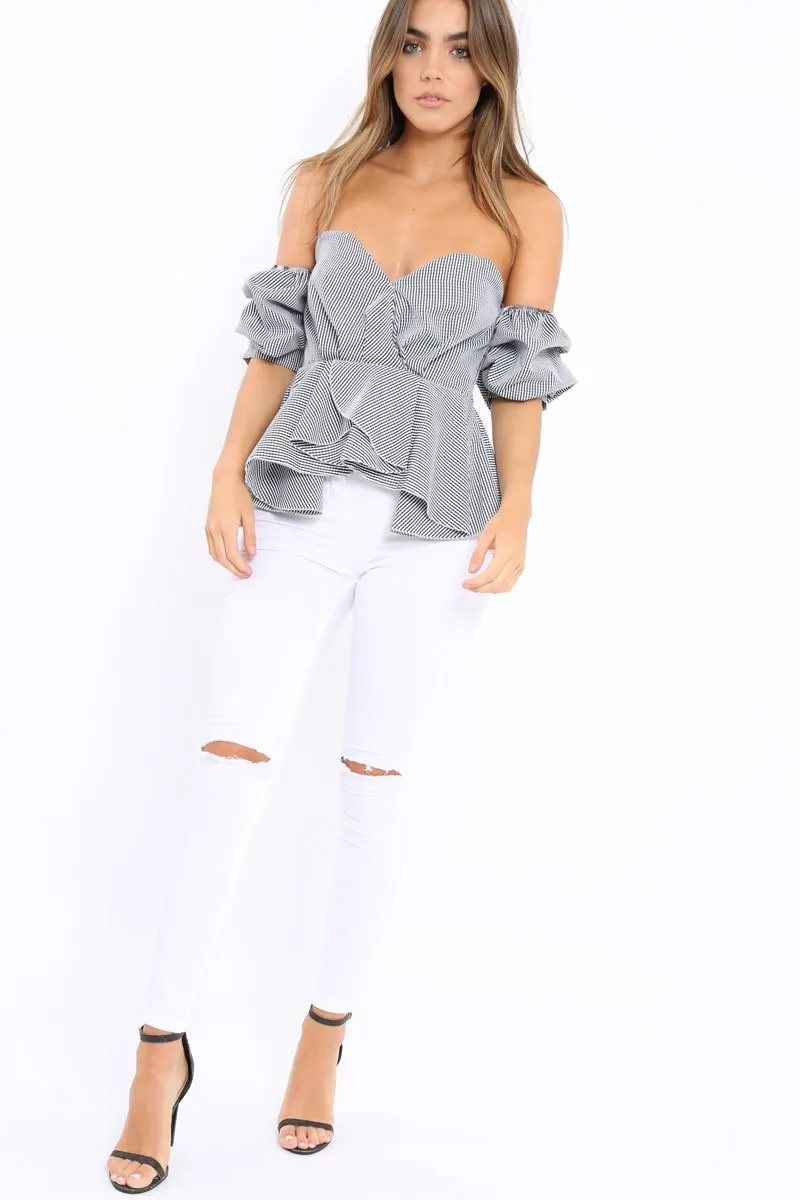 Gingham Sweet Heart Bardot Top with Ruched Sleeves - Kadisha