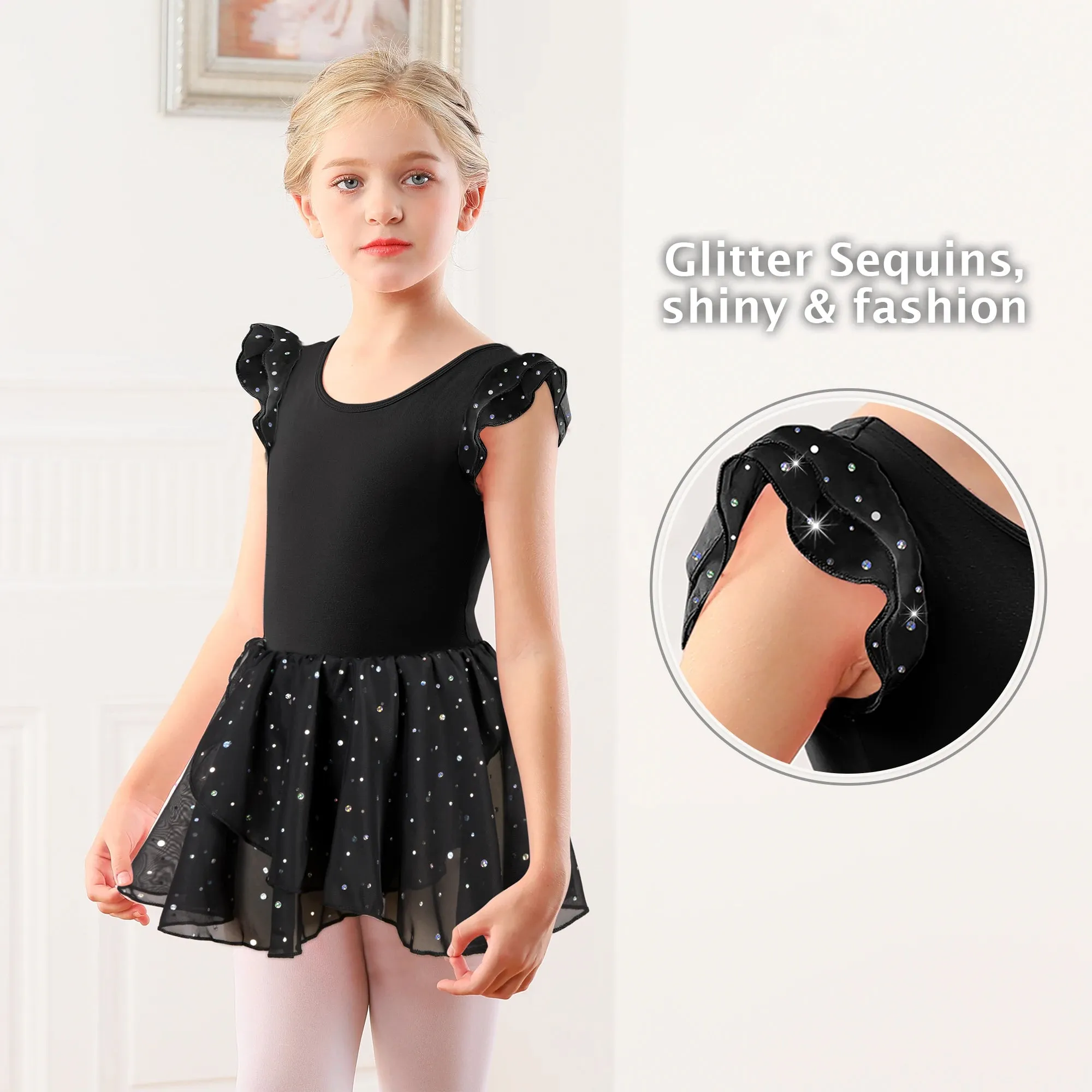 Girls Ballet Leotard with Hollow Crisscross Back and Shiny Skirt: Short Sleeve Dancewear