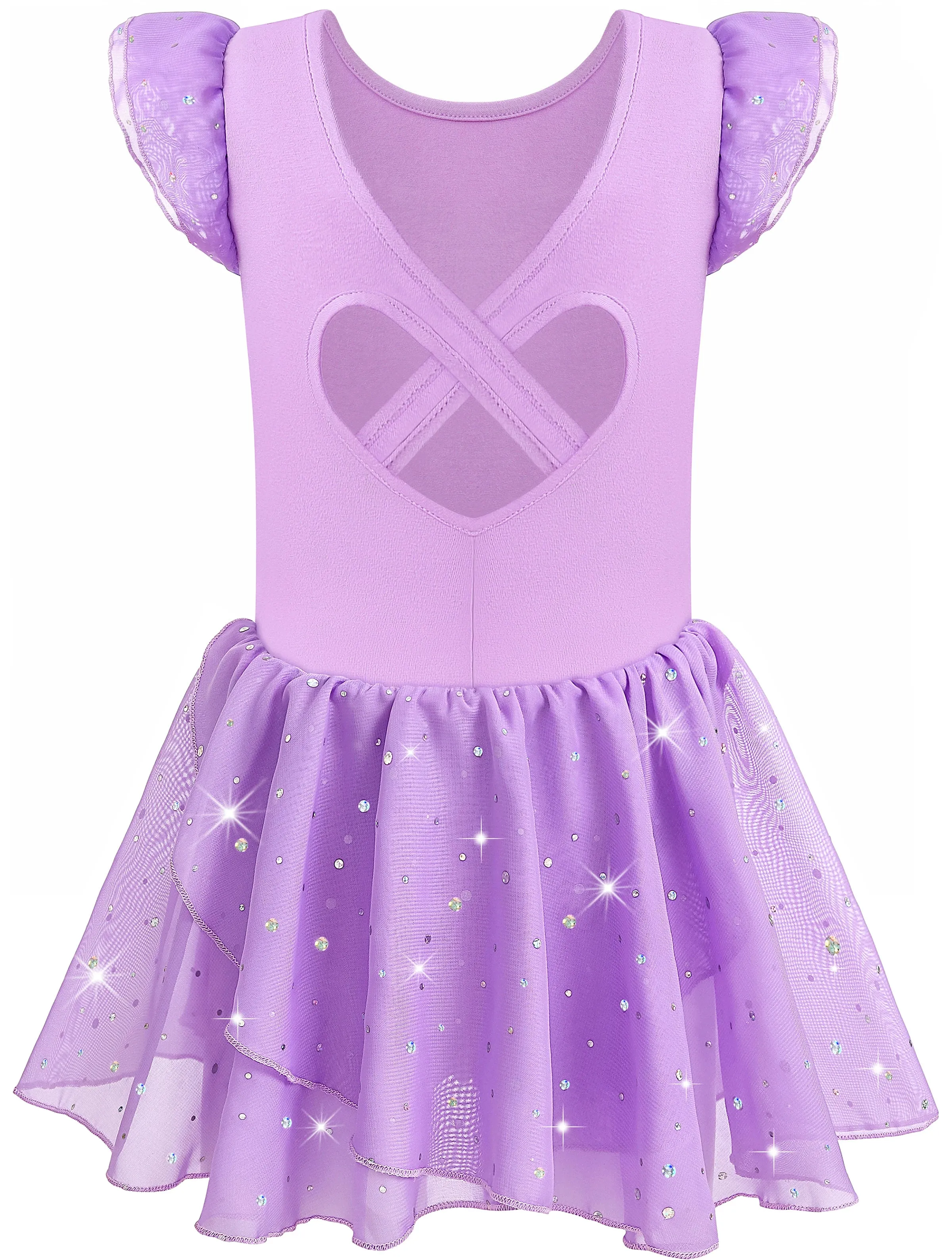 Girls Ballet Leotard with Hollow Crisscross Back and Shiny Skirt: Short Sleeve Dancewear