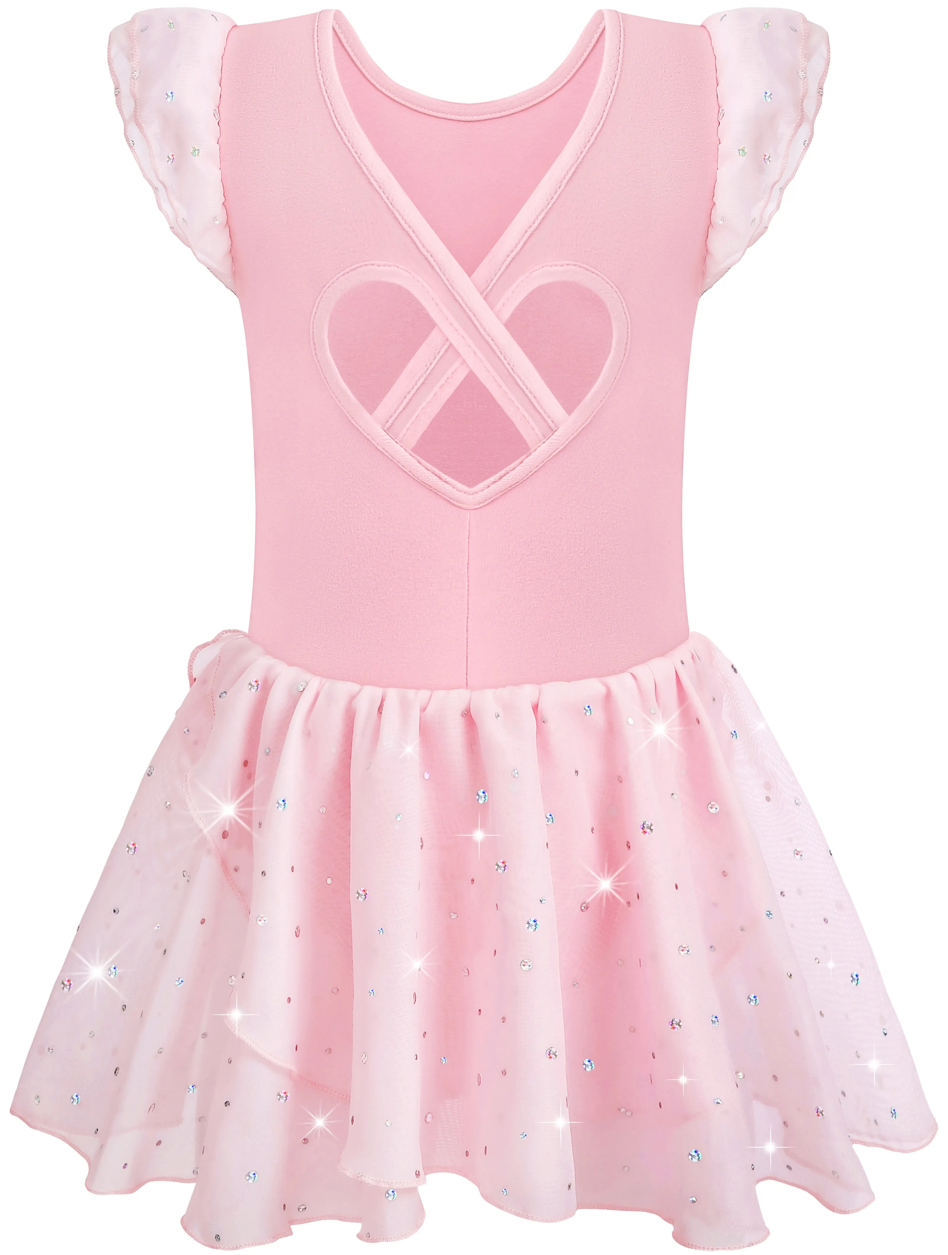 Girls Ballet Leotard with Hollow Crisscross Back and Shiny Skirt: Short Sleeve Dancewear