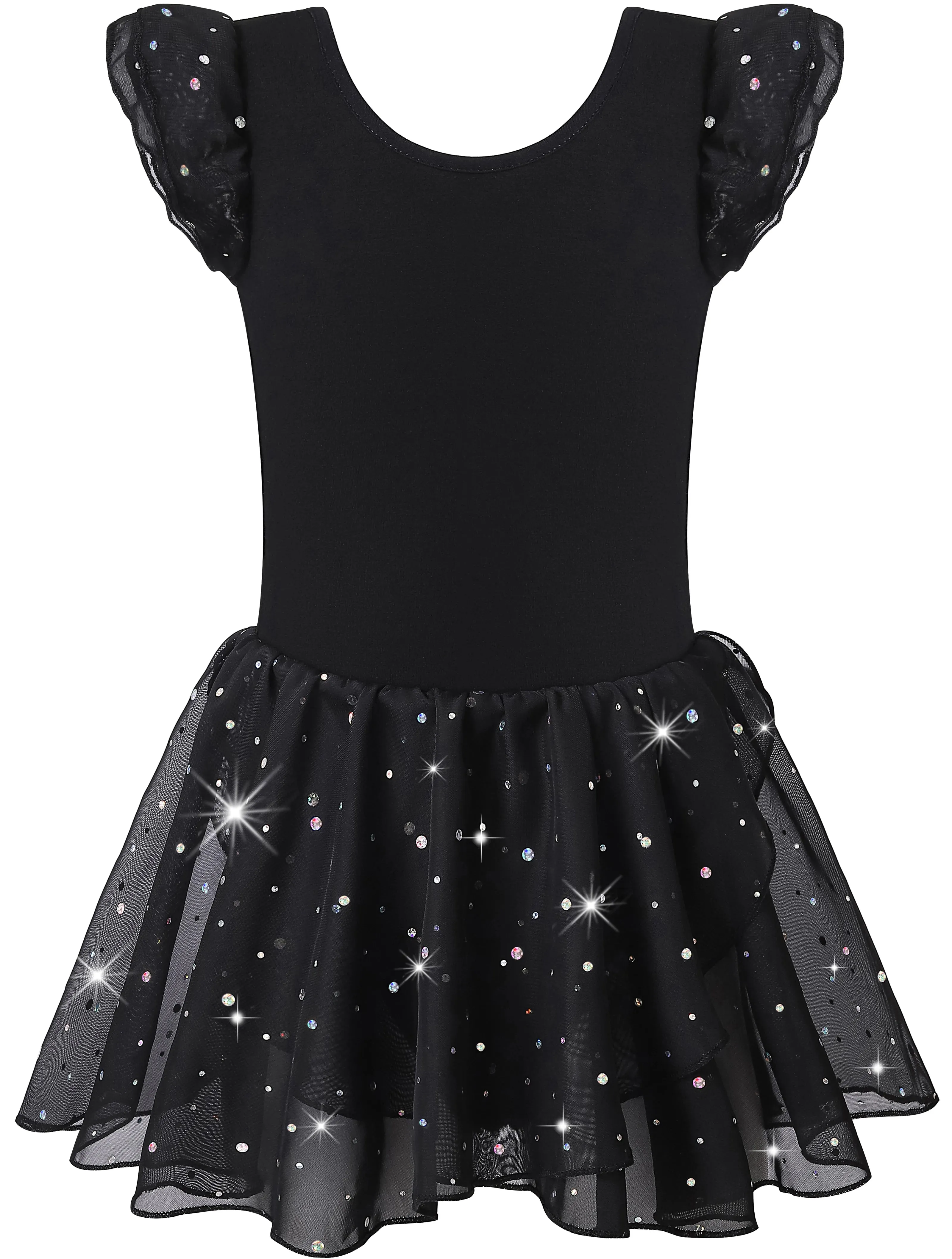Girls Ballet Leotard with Hollow Crisscross Back and Shiny Skirt: Short Sleeve Dancewear