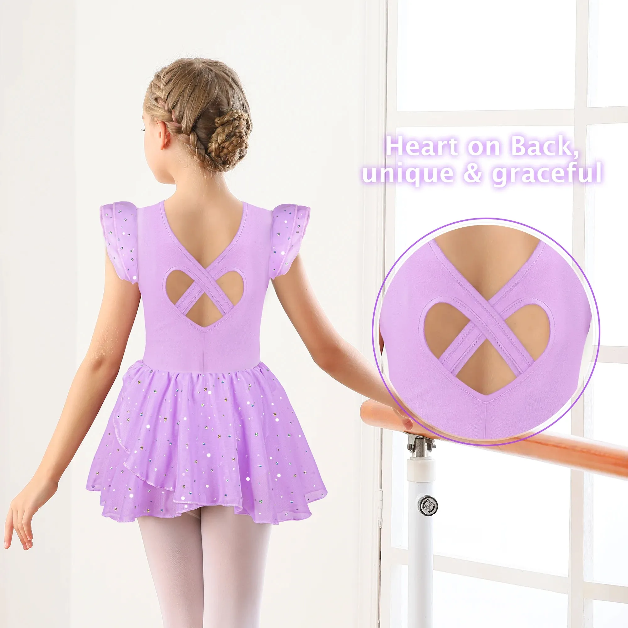 Girls Ballet Leotard with Hollow Crisscross Back and Shiny Skirt: Short Sleeve Dancewear