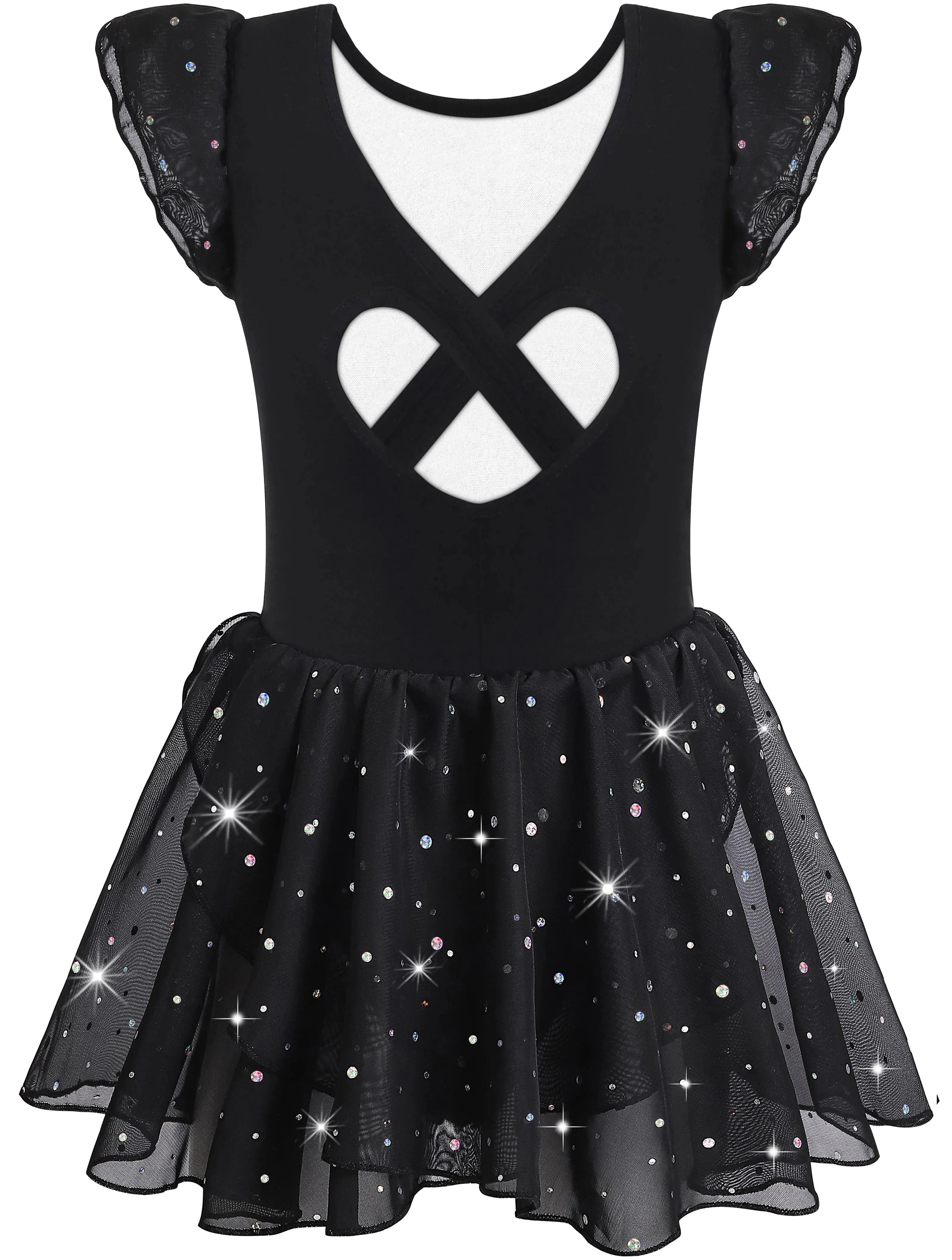 Girls Ballet Leotard with Hollow Crisscross Back and Shiny Skirt: Short Sleeve Dancewear
