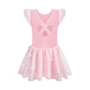 Girls Ballet Leotard with Hollow Crisscross Back and Shiny Skirt: Short Sleeve Dancewear