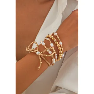 Gold Bow Knot Pearl Beaded Multi Layered Bracelet Set