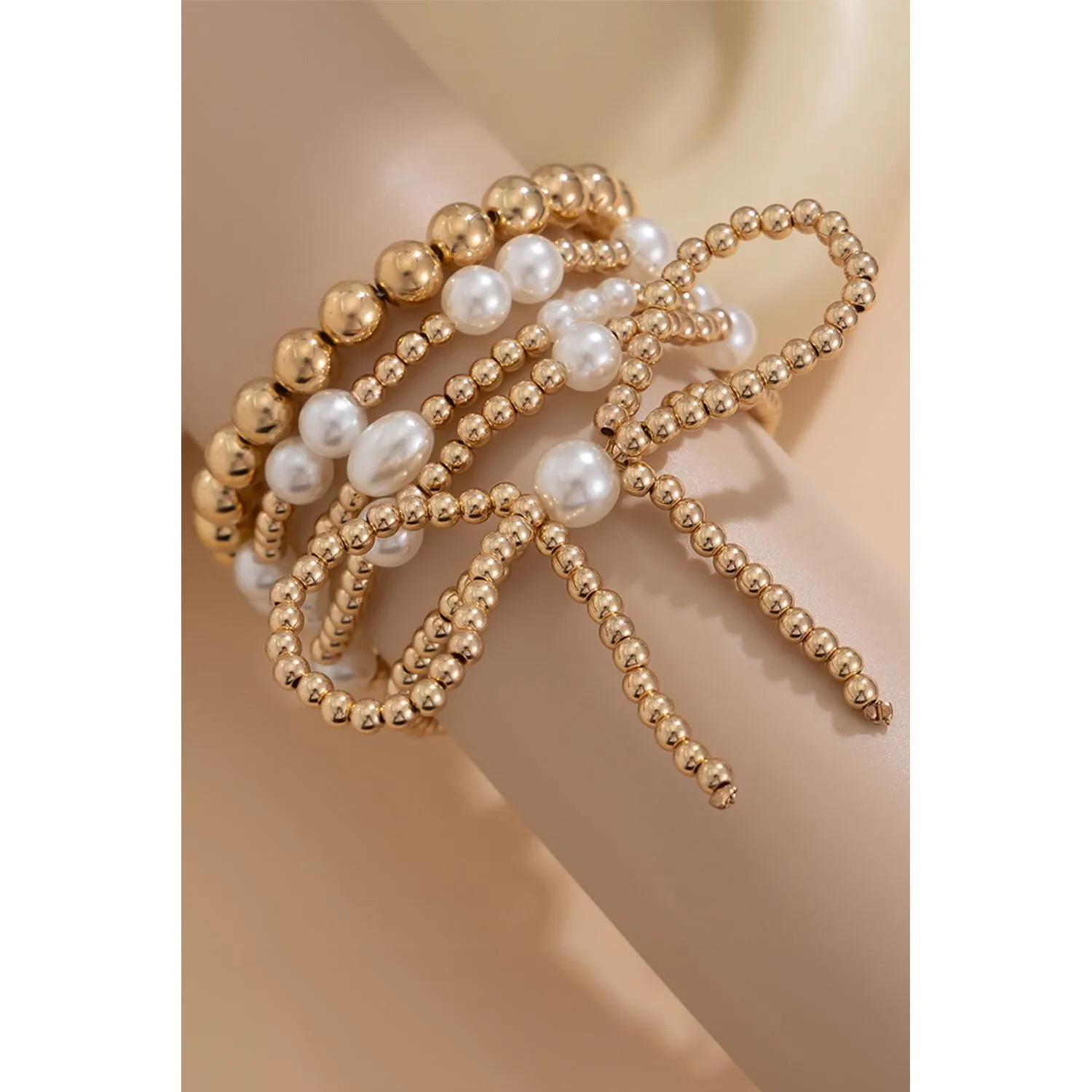 Gold Bow Knot Pearl Beaded Multi Layered Bracelet Set