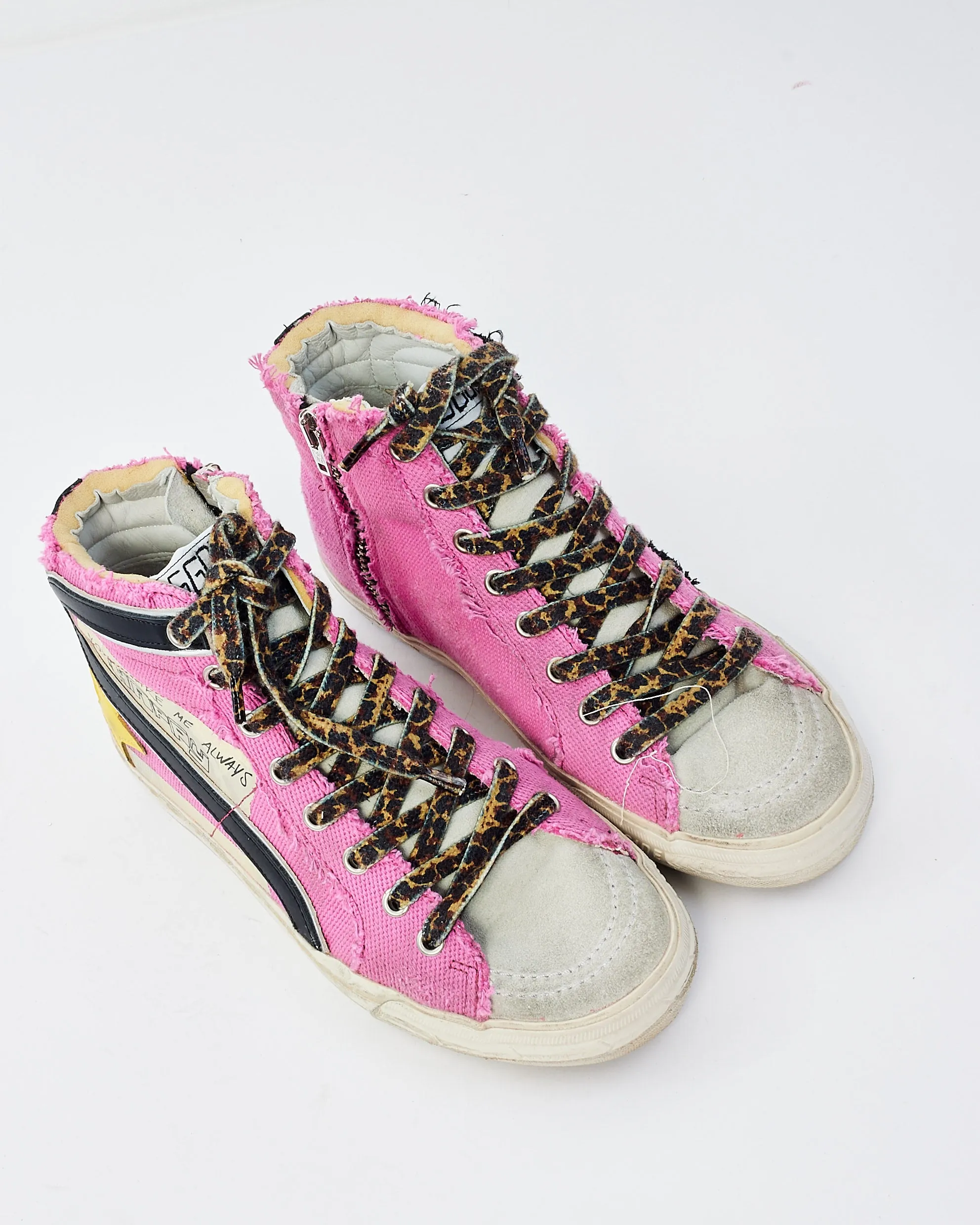 Golden Goose Pink Fabric Leopard Print Laces High Top Sneakers - 37