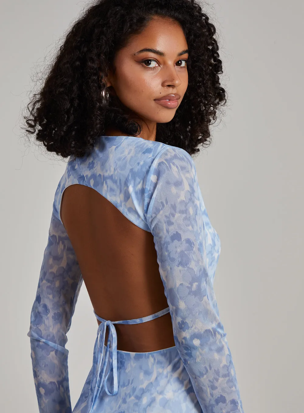Graphic Floral Long Sleeve Backless Mini Dress