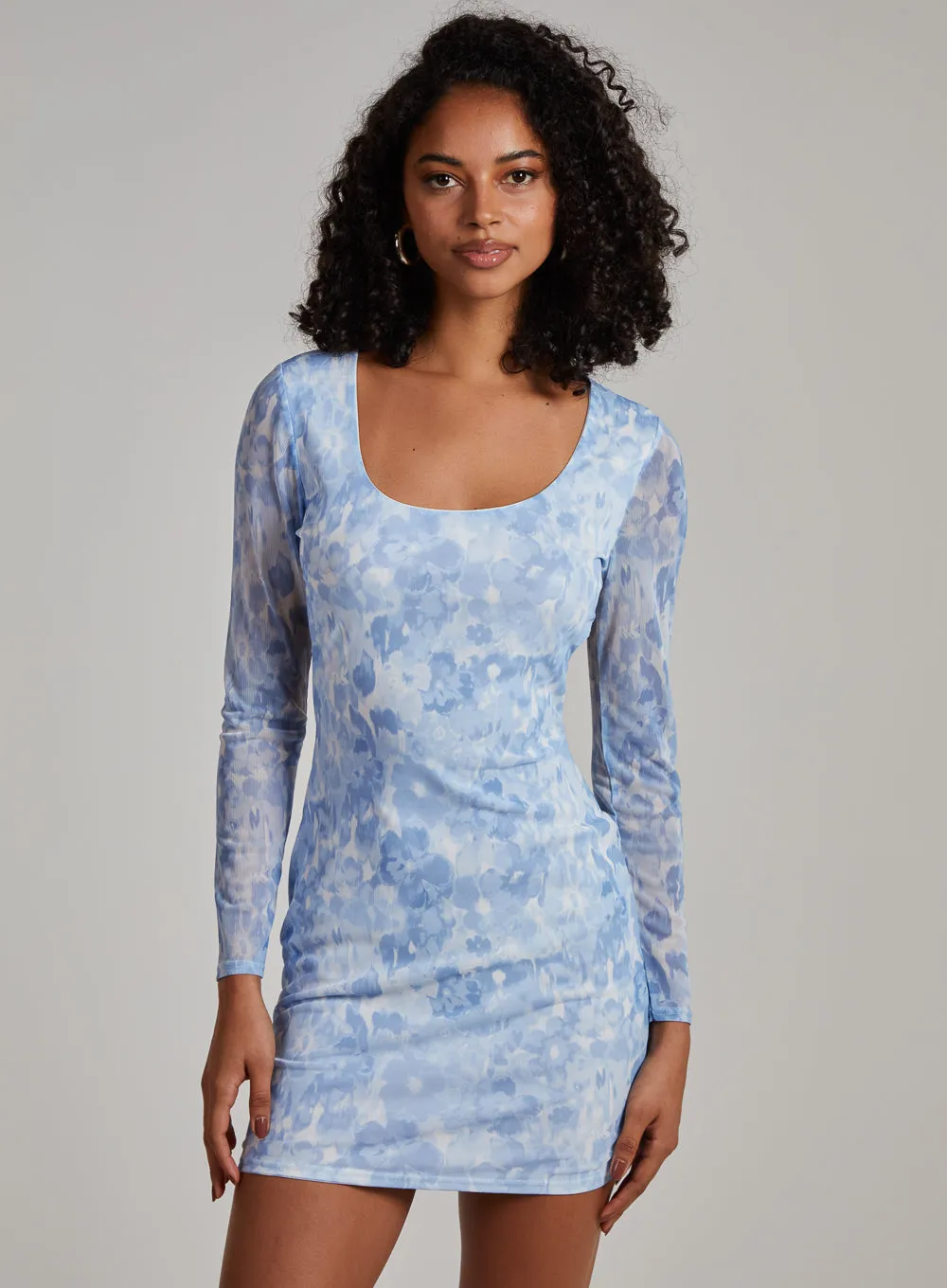 Graphic Floral Long Sleeve Backless Mini Dress
