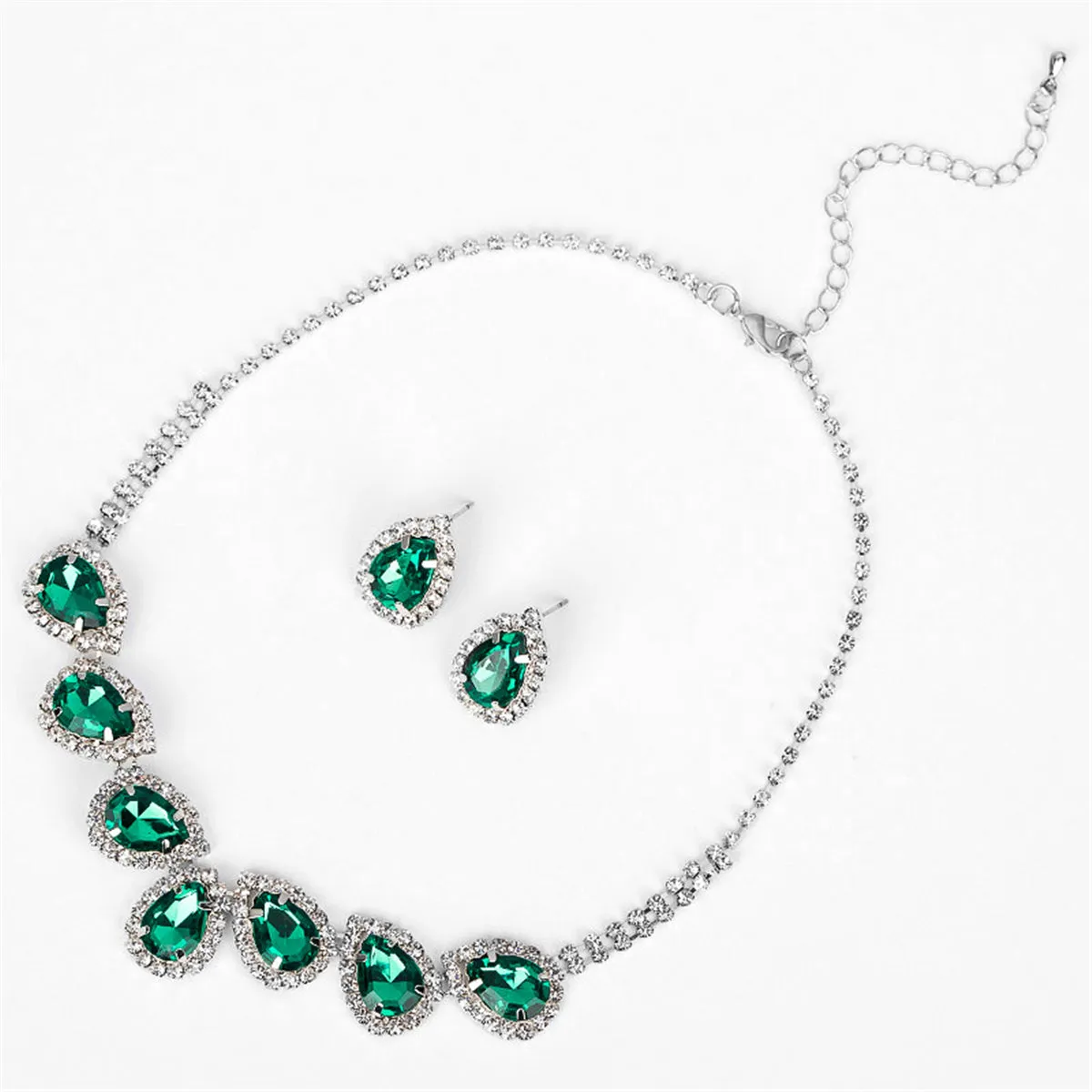 Green & Cubic Zirconia Pear Statement Necklace & Stud Earrings