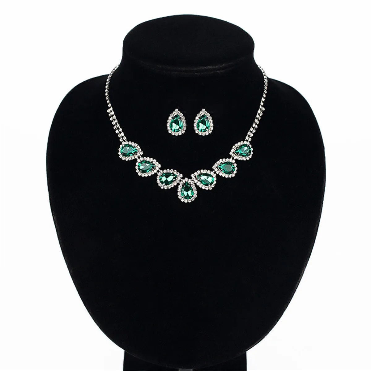 Green & Cubic Zirconia Pear Statement Necklace & Stud Earrings
