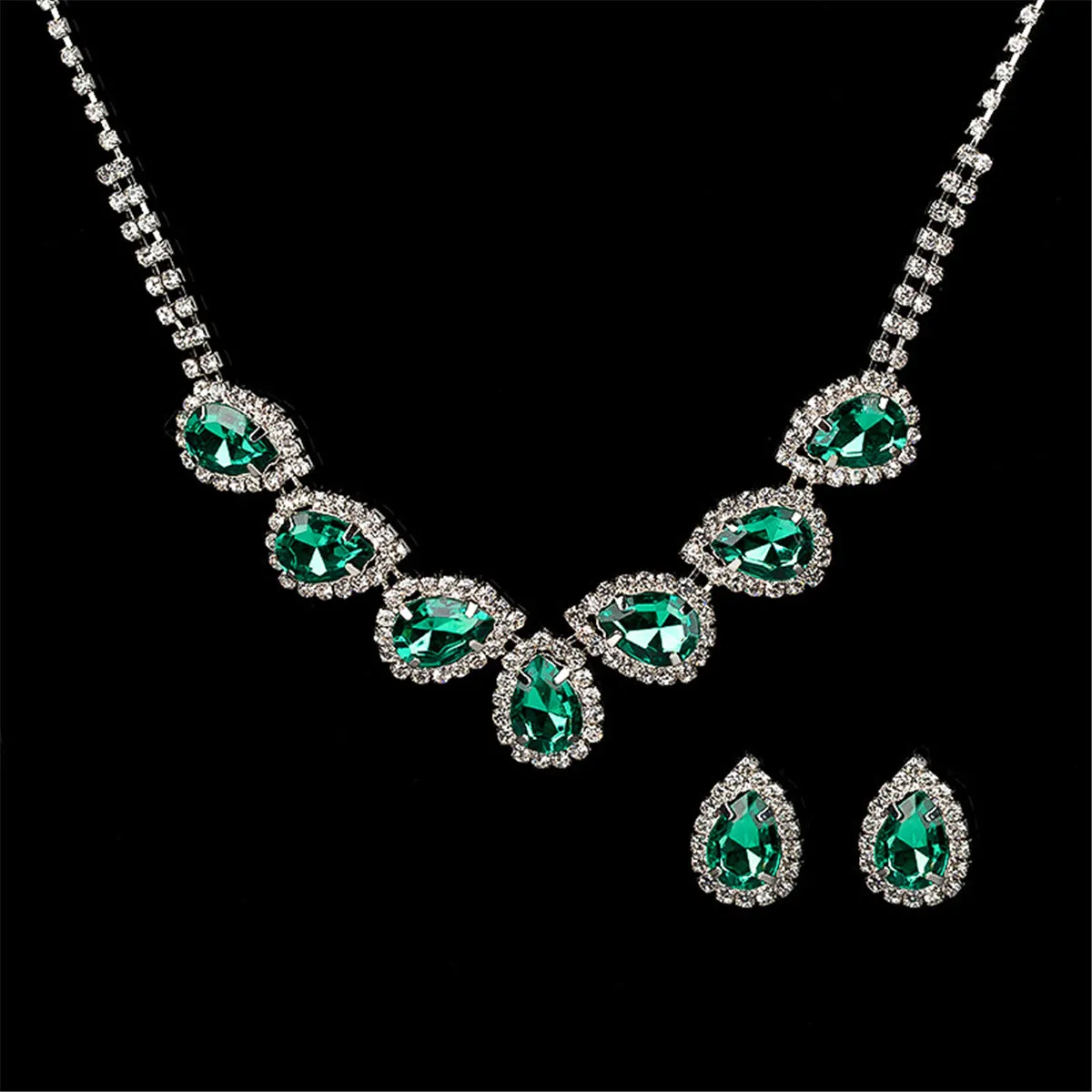 Green & Cubic Zirconia Pear Statement Necklace & Stud Earrings
