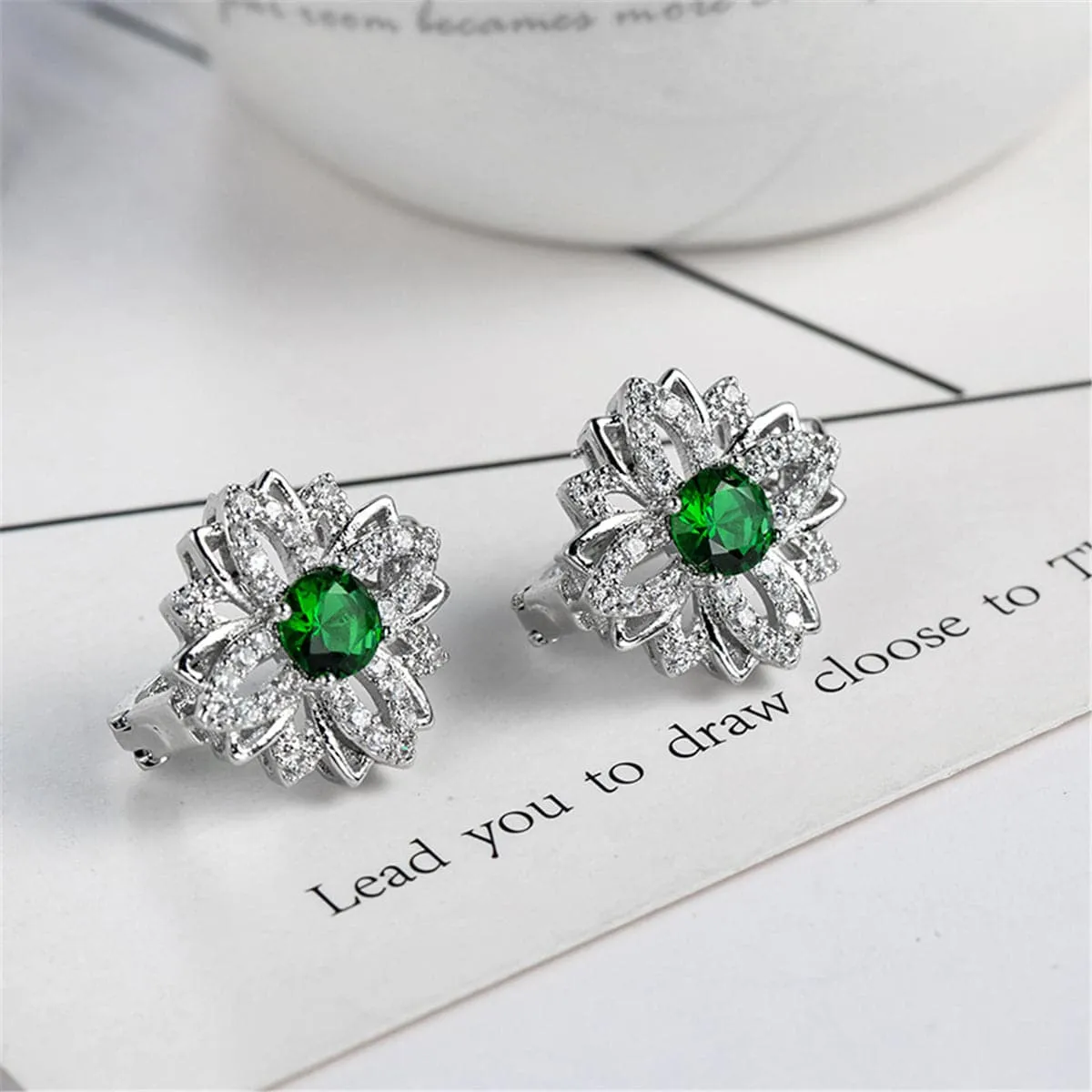 Green Cubic Zirconia & Crystal Flower Stud Earrings