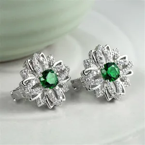 Green Cubic Zirconia & Crystal Flower Stud Earrings