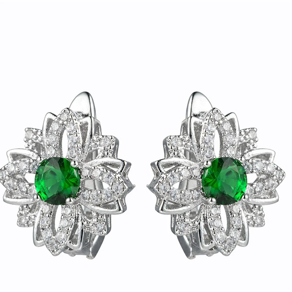 Green Cubic Zirconia & Crystal Flower Stud Earrings