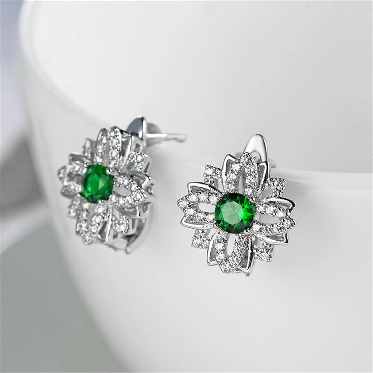 Green Cubic Zirconia & Crystal Flower Stud Earrings