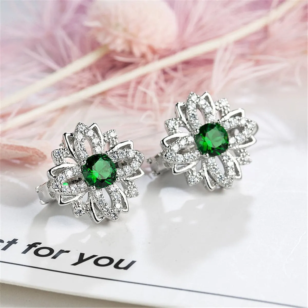 Green Cubic Zirconia & Crystal Flower Stud Earrings