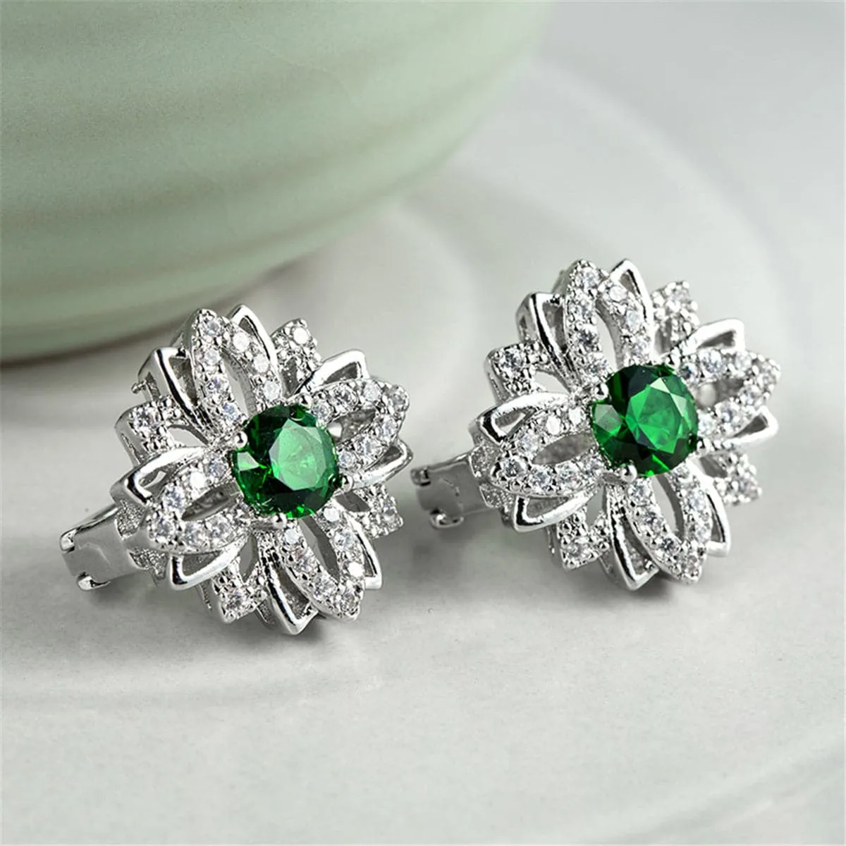 Green Cubic Zirconia & Crystal Flower Stud Earrings