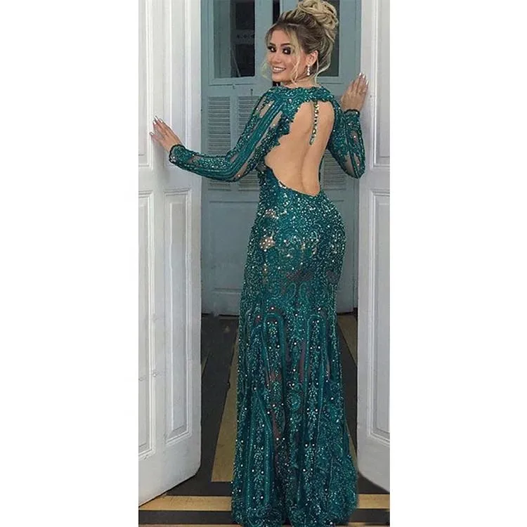 Green Lace Elegant Backless Sexy Gown Evening Dress