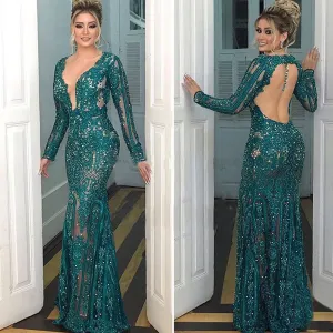Green Lace Elegant Backless Sexy Gown Evening Dress