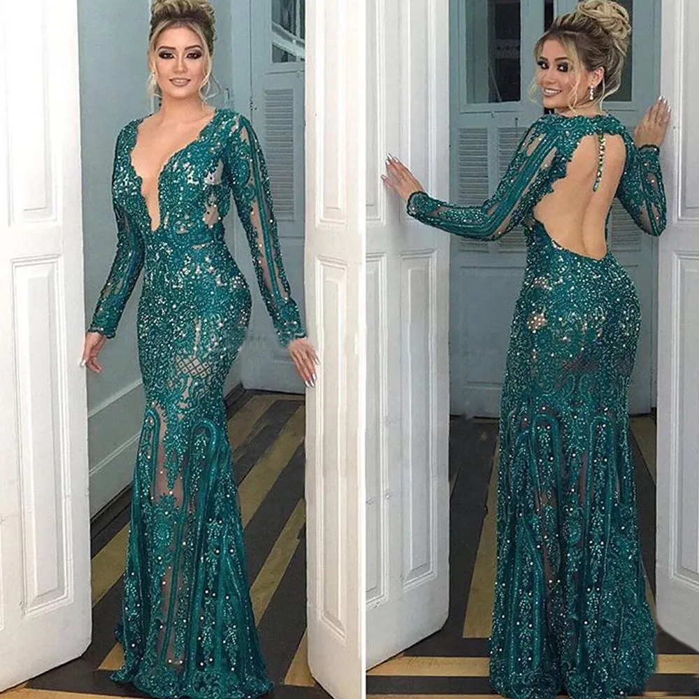 Green Lace Elegant Backless Sexy Gown Evening Dress