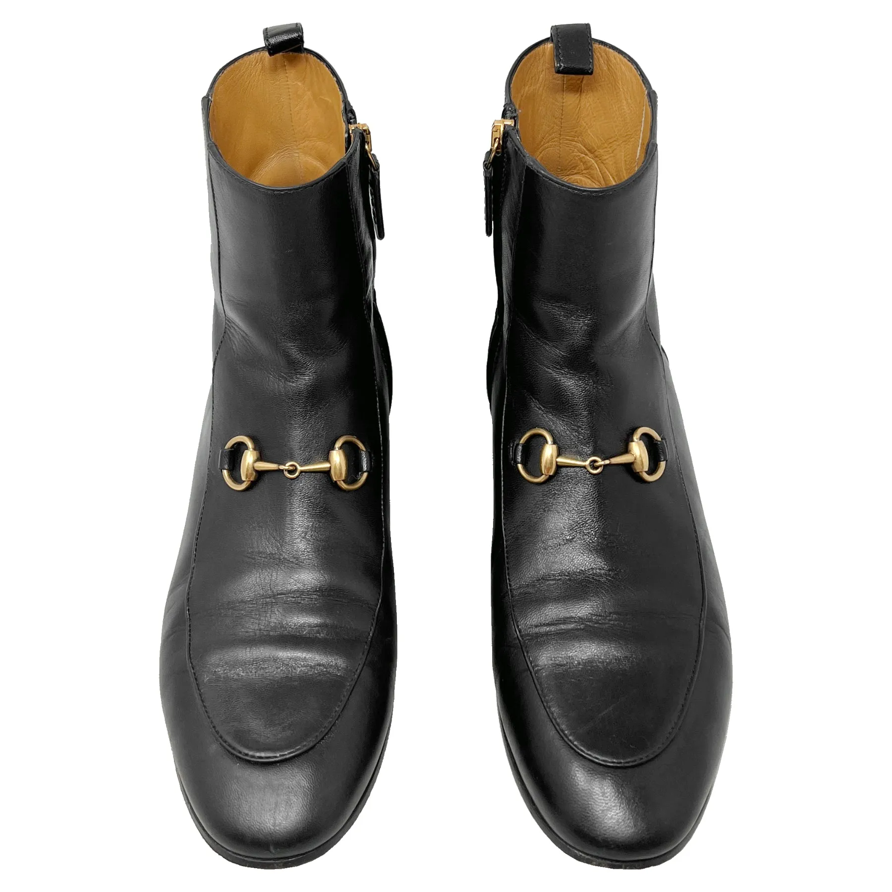 Gucci Jordaan Horsebit Black Leather Round Toe Zip Up Flat Ankle Boots Size EU 37.5