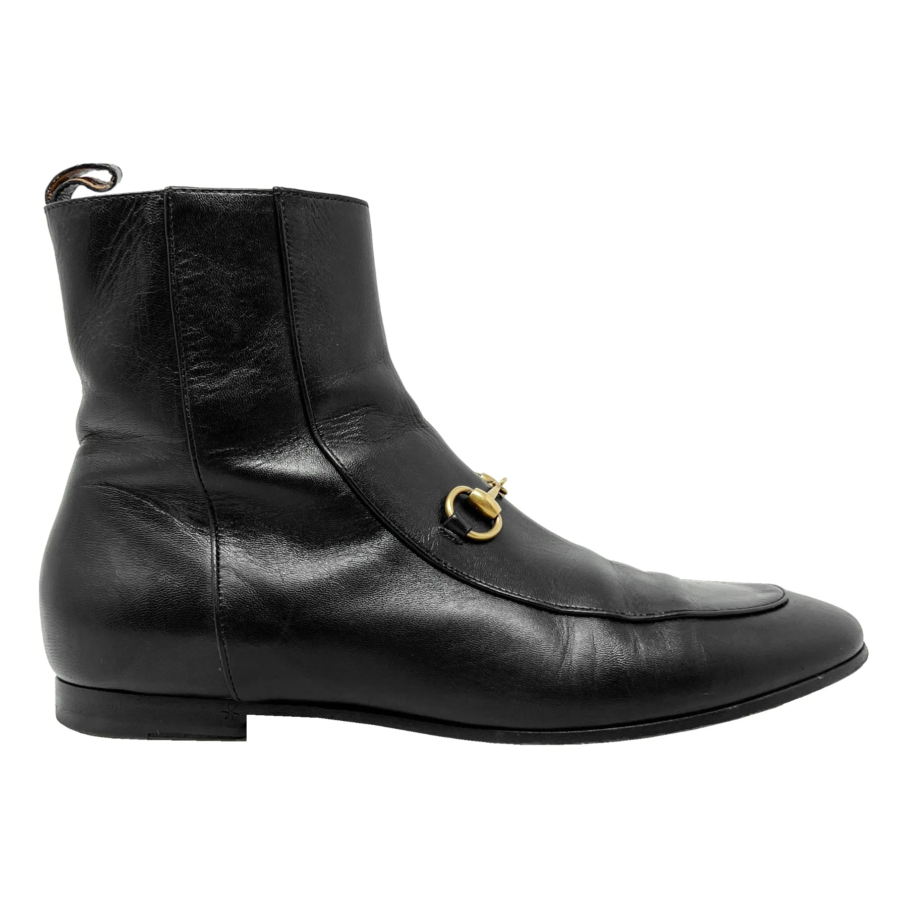 Gucci Jordaan Horsebit Black Leather Round Toe Zip Up Flat Ankle Boots Size EU 37.5