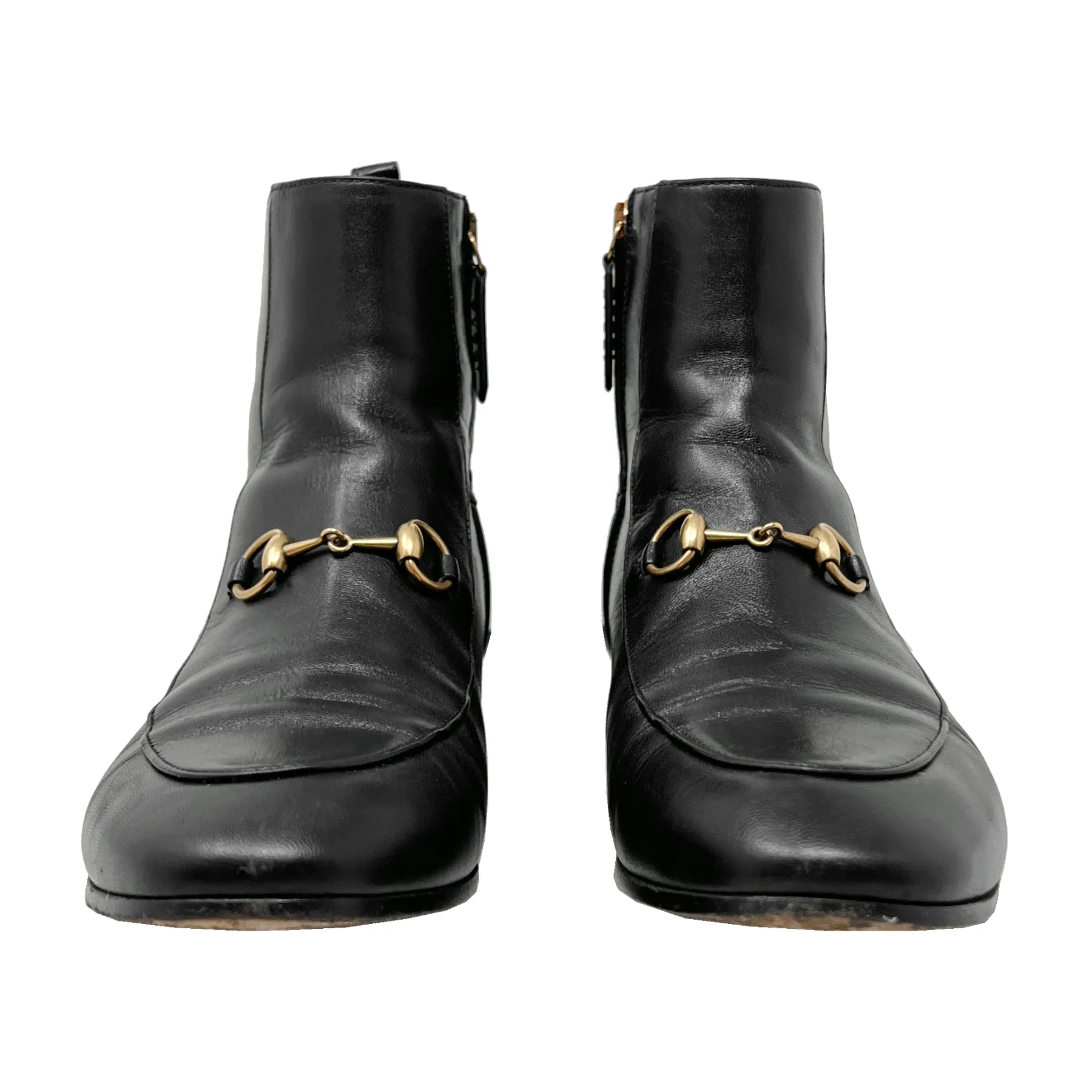 Gucci Jordaan Horsebit Black Leather Round Toe Zip Up Flat Ankle Boots Size EU 37.5