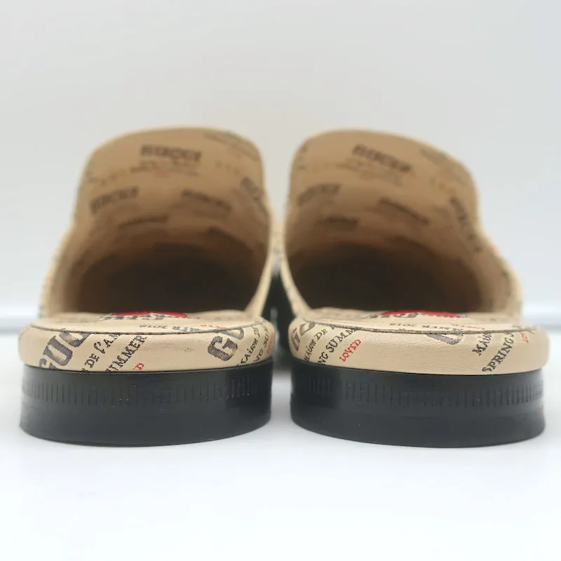 Gucci Princetown Mules Ivory Invite Stamp Print Leather Size 37.5 Flat Loafers