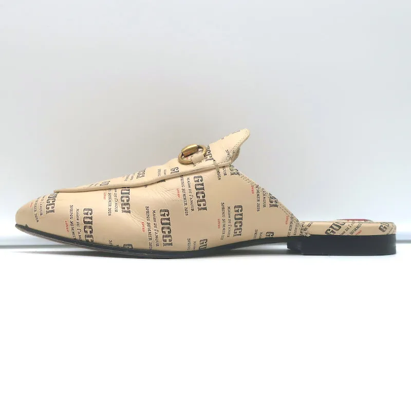 Gucci Princetown Mules Ivory Invite Stamp Print Leather Size 37.5 Flat Loafers
