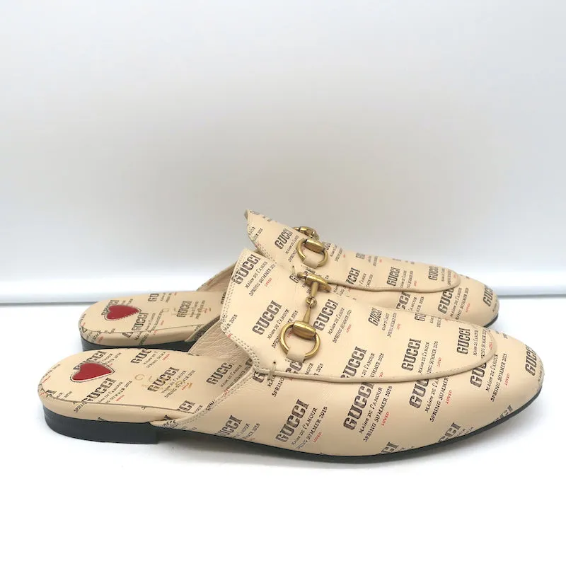 Gucci Princetown Mules Ivory Invite Stamp Print Leather Size 37.5 Flat Loafers