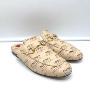 Gucci Princetown Mules Ivory Invite Stamp Print Leather Size 37.5 Flat Loafers