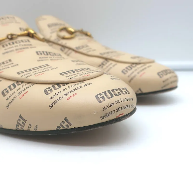 Gucci Princetown Mules Ivory Invite Stamp Print Leather Size 37.5 Flat Loafers