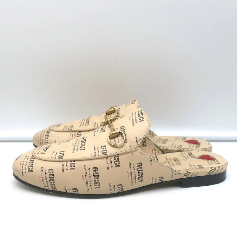 Gucci Princetown Mules Ivory Invite Stamp Print Leather Size 37.5 Flat Loafers