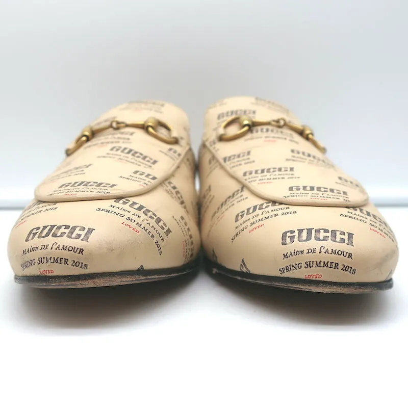 Gucci Princetown Mules Ivory Invite Stamp Print Leather Size 37.5 Flat Loafers