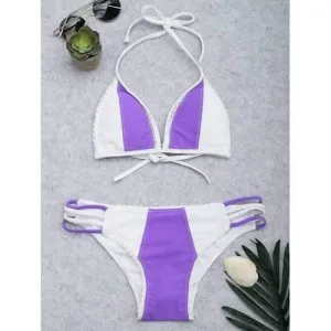 Halter Color Block Caged String Bikini Set - White   Purple L