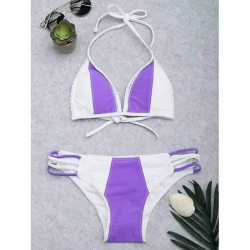 Halter Color Block Caged String Bikini Set - White   Purple L