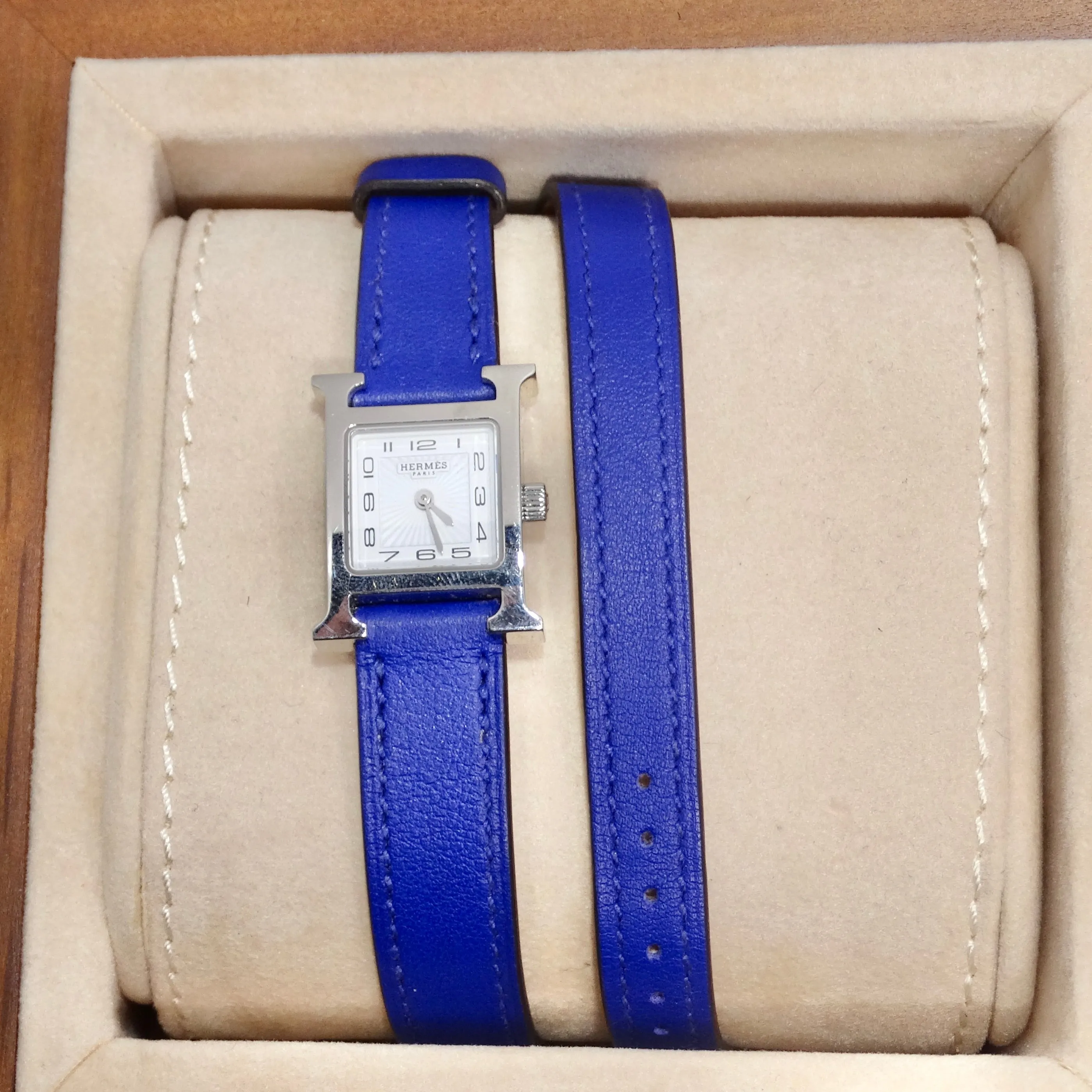 Hermes Heure H Hour Double Tour Quartz Watch Bleu Electrique