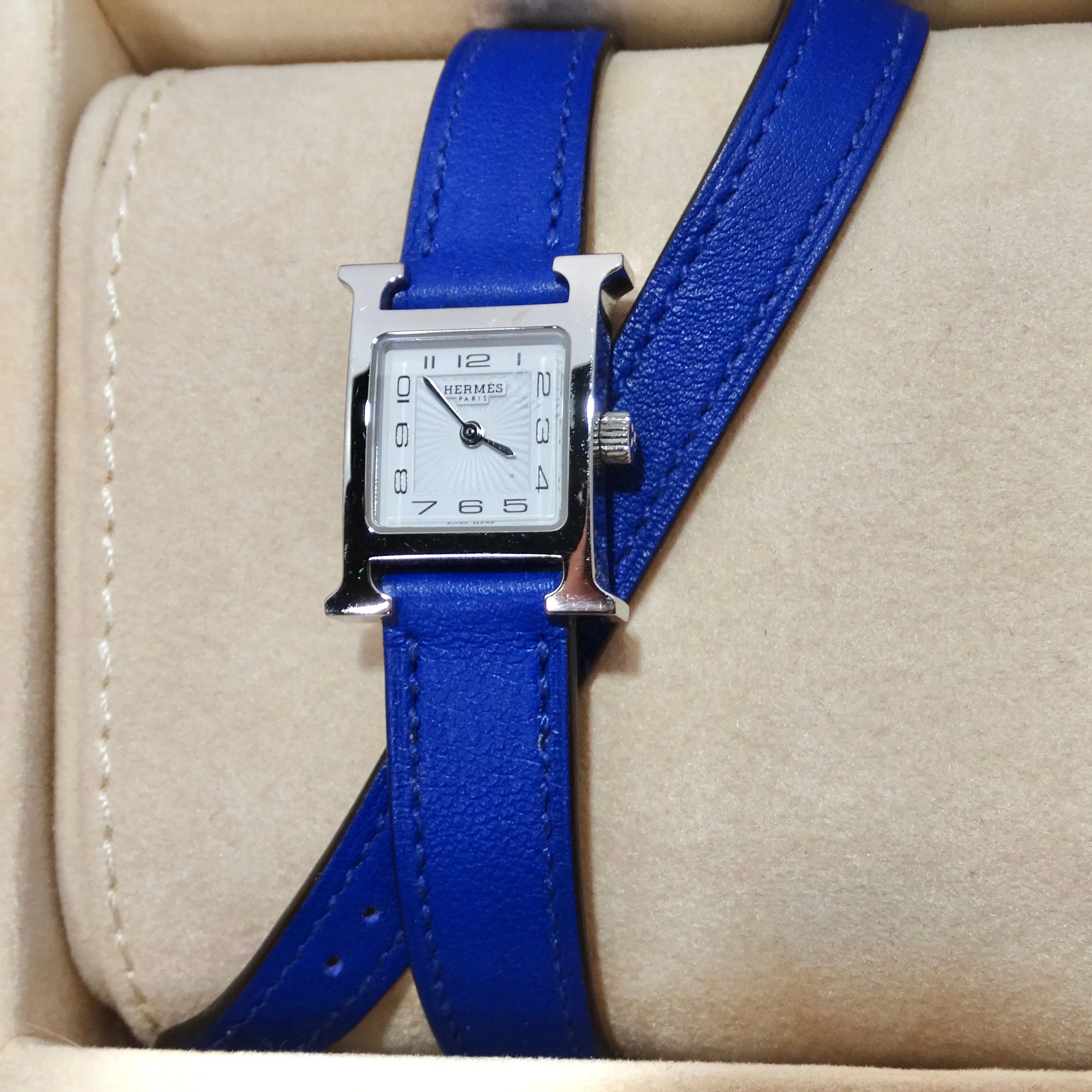 Hermes Heure H Hour Double Tour Quartz Watch Bleu Electrique