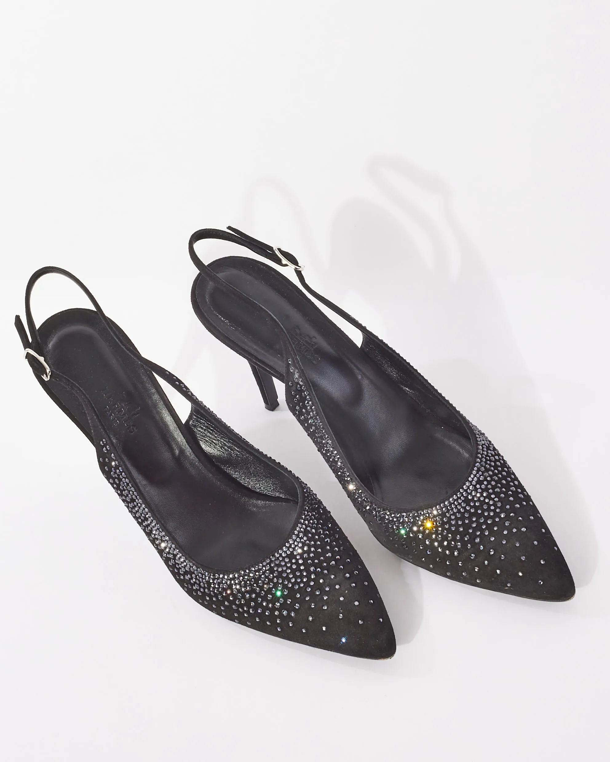 Hermès Black Suede & Rhinestone Festive 90 mm Pumps - 39
