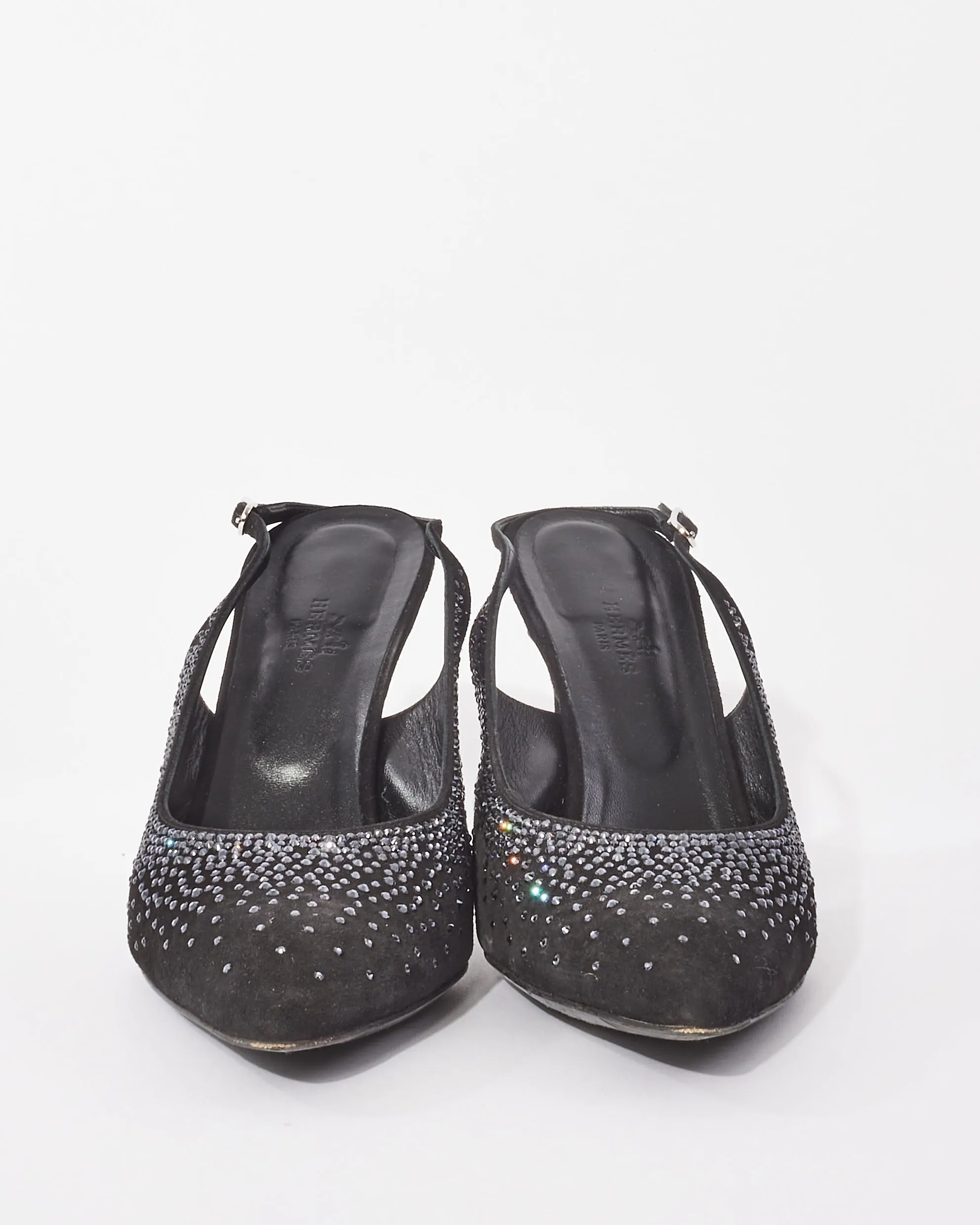 Hermès Black Suede & Rhinestone Festive 90 mm Pumps - 39