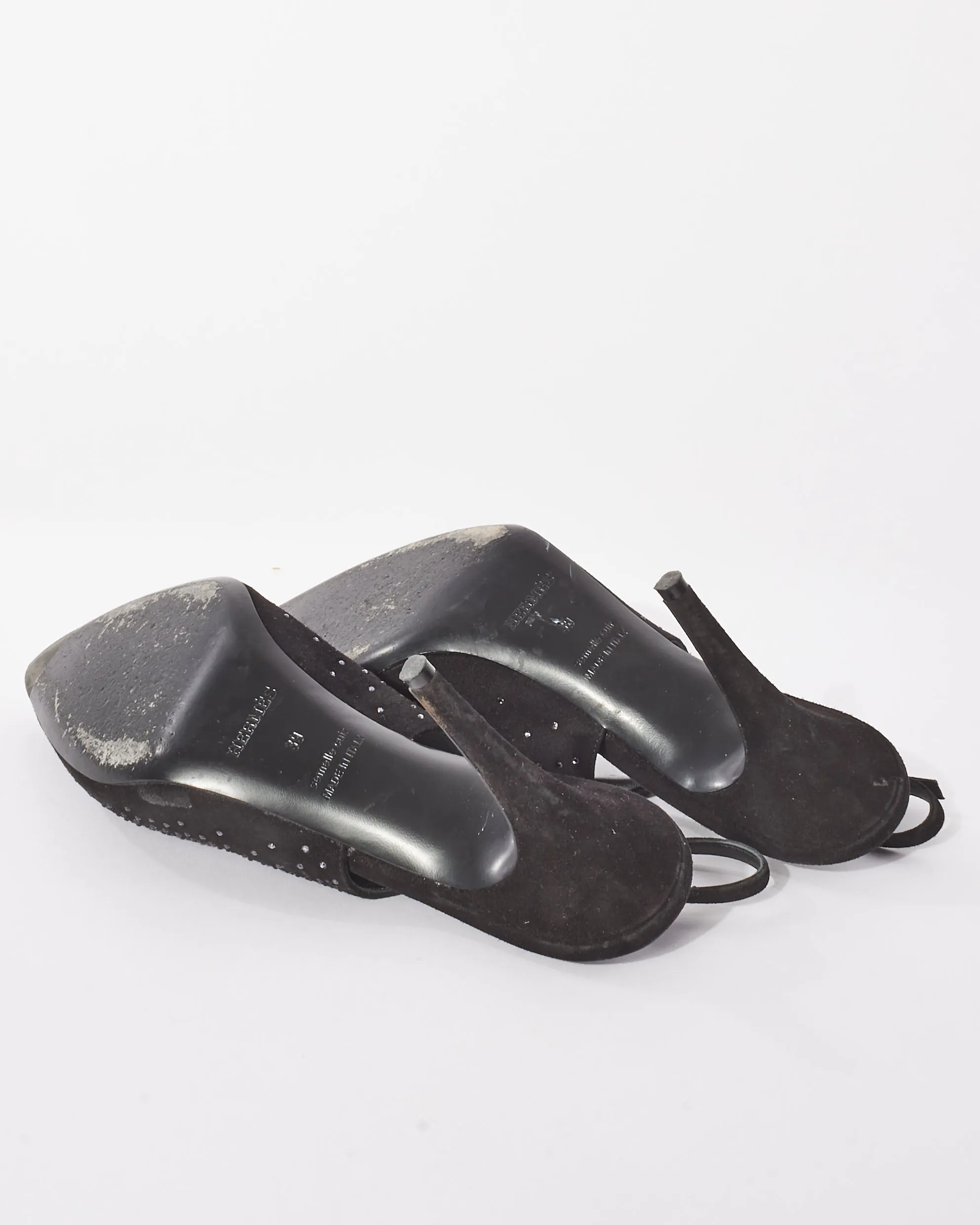 Hermès Black Suede & Rhinestone Festive 90 mm Pumps - 39
